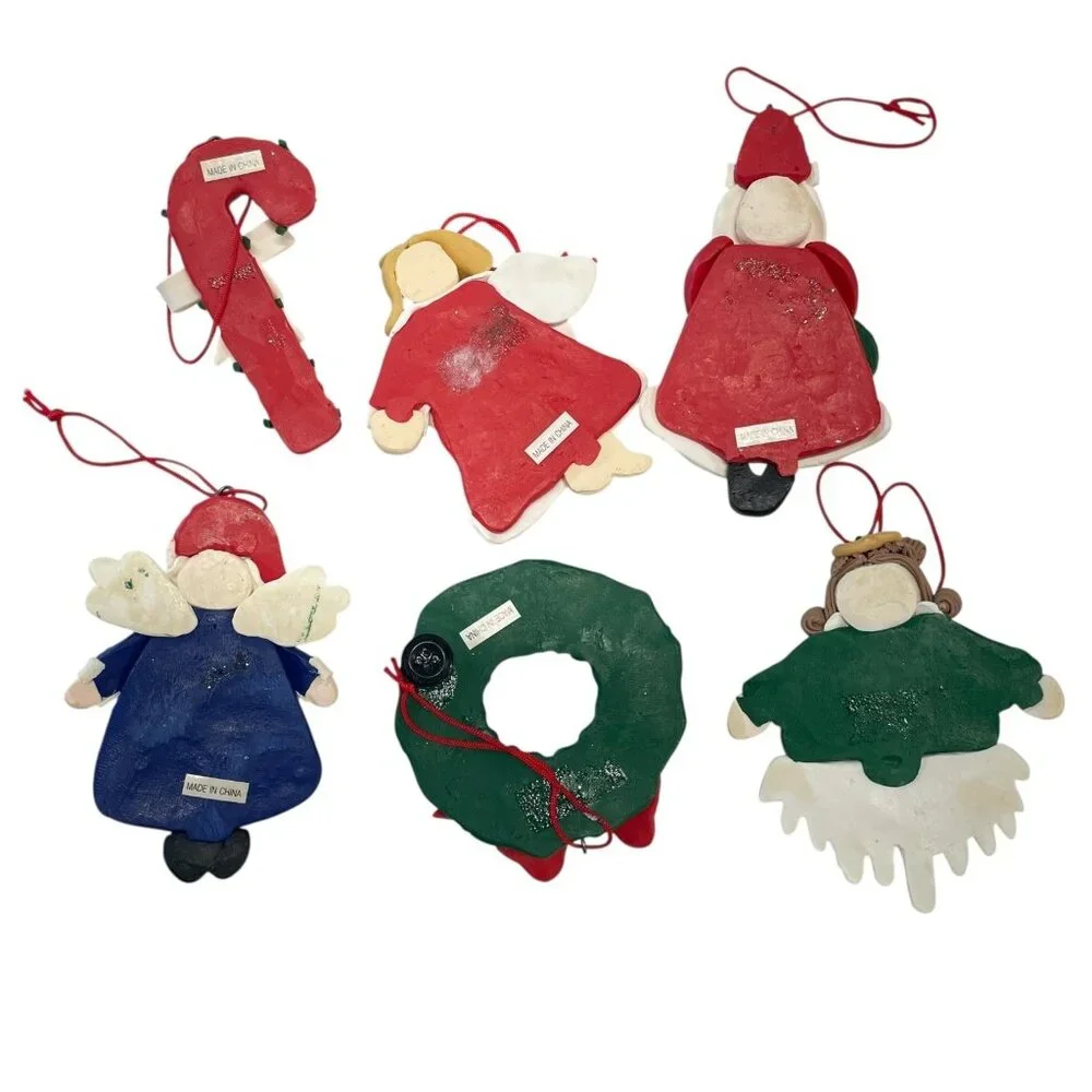 Vintage Clay Christmas Ornament Set Santa Angel Wreath Candy‎ Cane 6pcs